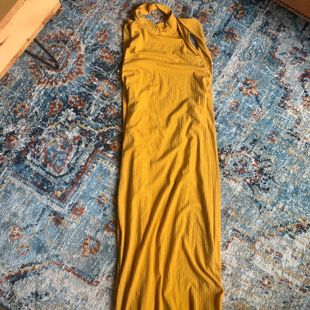 Open Back Tie Ribbed Maxi Dress in Mustard